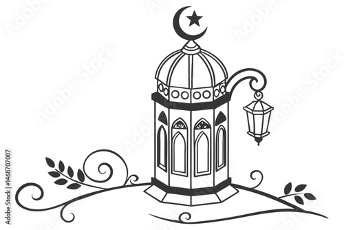 204 Silhouette lantern, Islamic design, cylindrical shape, star-topped dome, three arched windows, black and white graphic, minimalist illustration, decorative lighting fixture, Ramadan symbol, vector