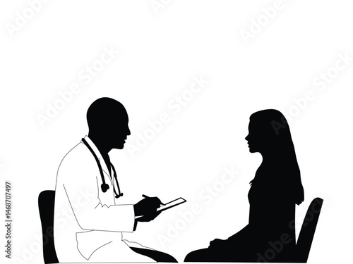 Silhouette of doctor examining female patient isolated on white background

