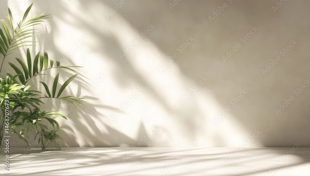 Sunlit minimalist room with potted plants casting shadows on a light wall Sunlit minimalist room with potted plants casting shadows on a light wall