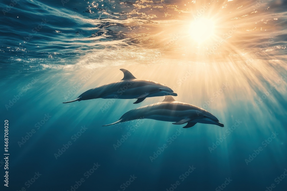 Obraz premium Dolphins swimming gracefully beneath a sunlit sky over a tranquil sea, Calm and tranquil sea Dolphins silhouette under sunshine