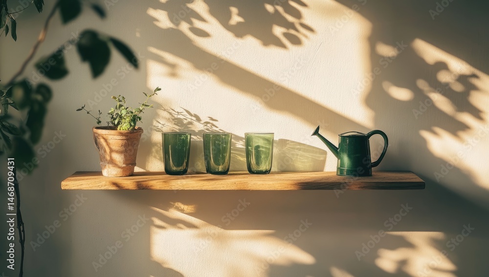 Sunlit shelf with plants, glasses, and watering can (1)
