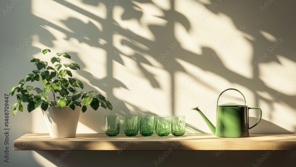 Sunlight streams onto shelf with plant, glasses, and watering can
