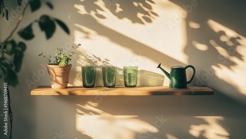 Obraz na płótnie Sunlit shelf with plants, glasses, and watering can (1) w salonie