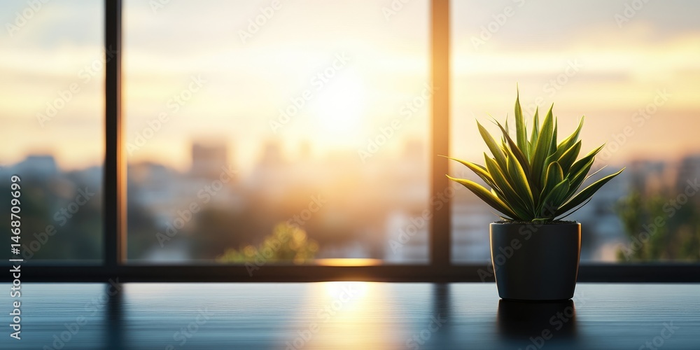 Sunrise view, potted plant on table