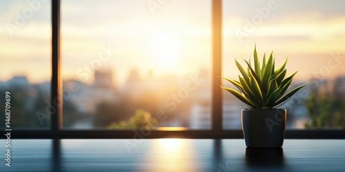 Obraz na płótnie Sunrise view, potted plant on table w salonie