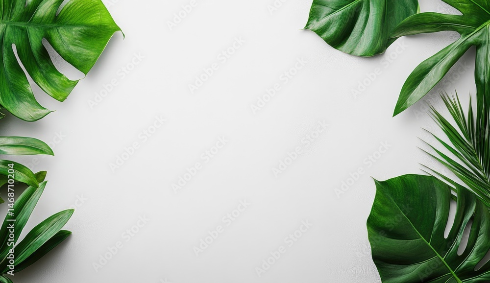Lush tropical leaves frame a white background