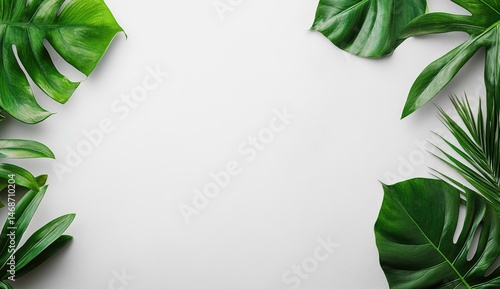 Obraz na płótnie Lush tropical leaves frame a white background w salonie