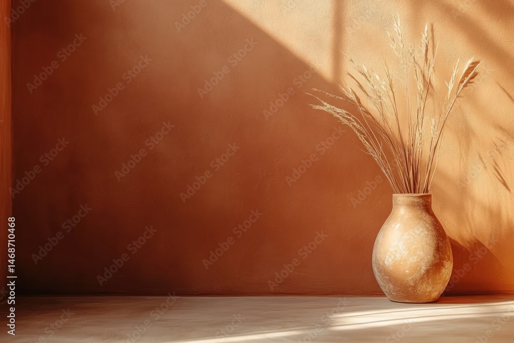 Sunlit terracotta vase with dried wheat against warm wall