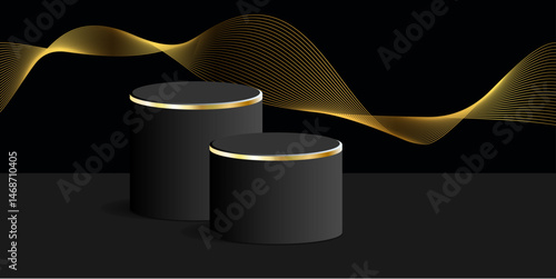 Elegant 3D luxury podium vector featuring dynamic lighting and gold accents. Ideal for premium product displays, branding, and modern promotional visuals.