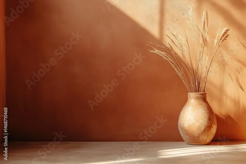 Obraz na płótnie Sunlit terracotta vase with dried wheat against warm wall w salonie