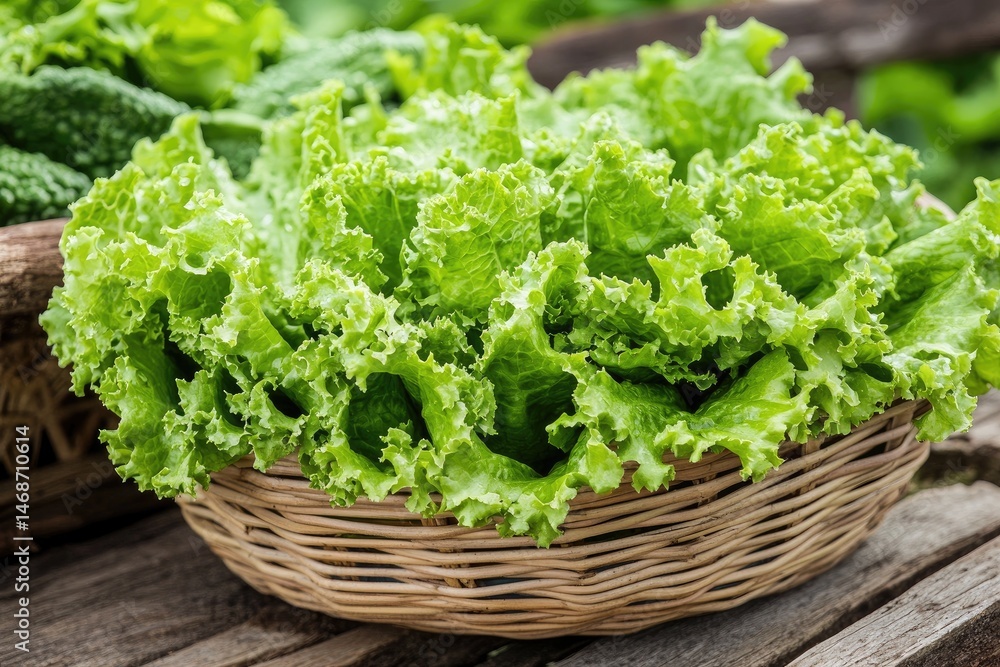 Fresh green lettuce in a wicker basket Fresh green lettuce in a wicker basket