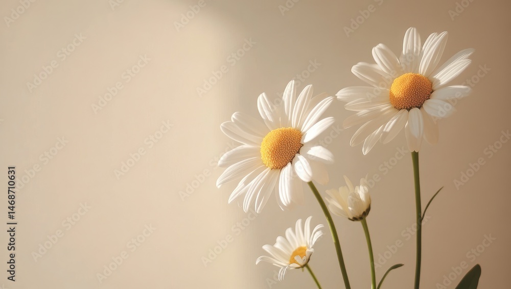 Three daisies bask in soft sunlight against a muted background