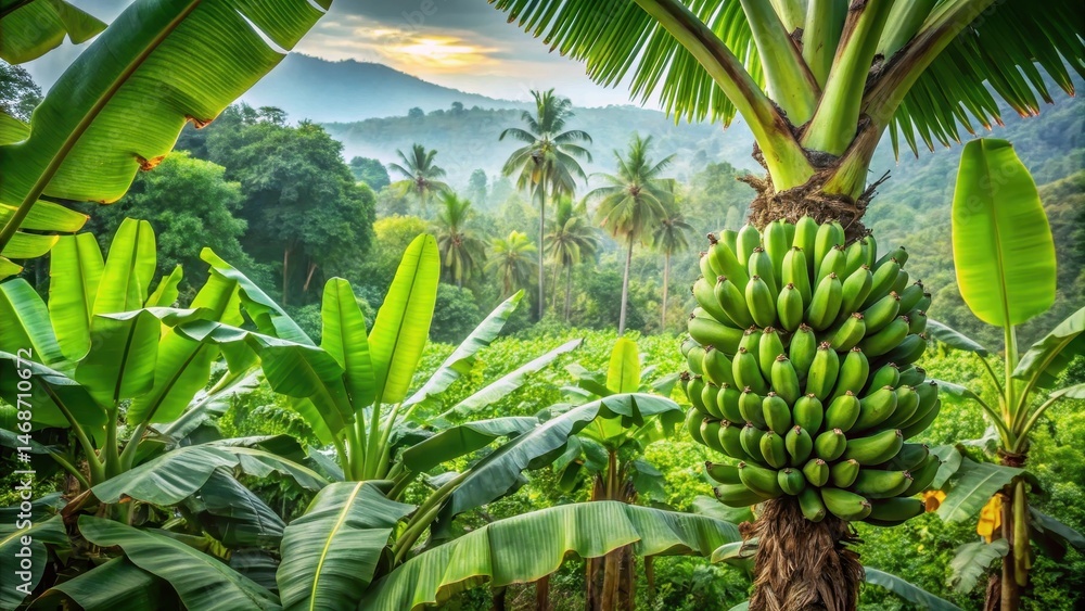 custom made wallpaper toronto digitalFresh green banana plants growing on a large tree in a lush tropical plantation with dense foliage and vibrant flowers , tropical landscape, lush vegetation