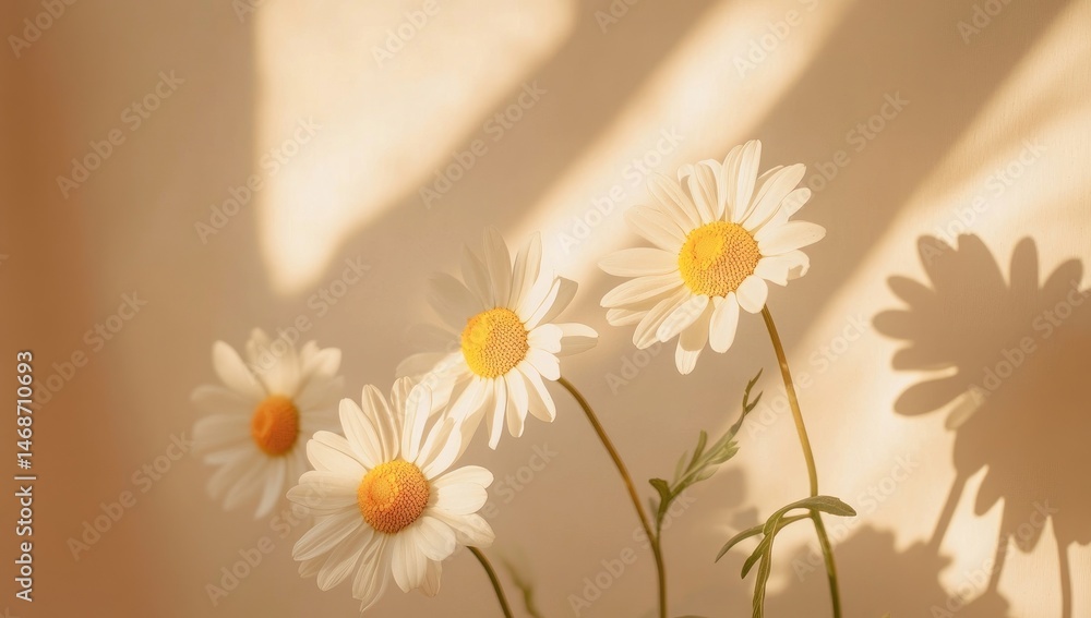 Sunlit daisies cast long shadows on a warm background