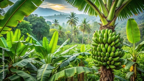 Wallpaper Mural Fresh green banana plants growing on a large tree in a lush tropical plantation with dense foliage and vibrant flowers , tropical landscape, lush vegetation Torontodigital.ca