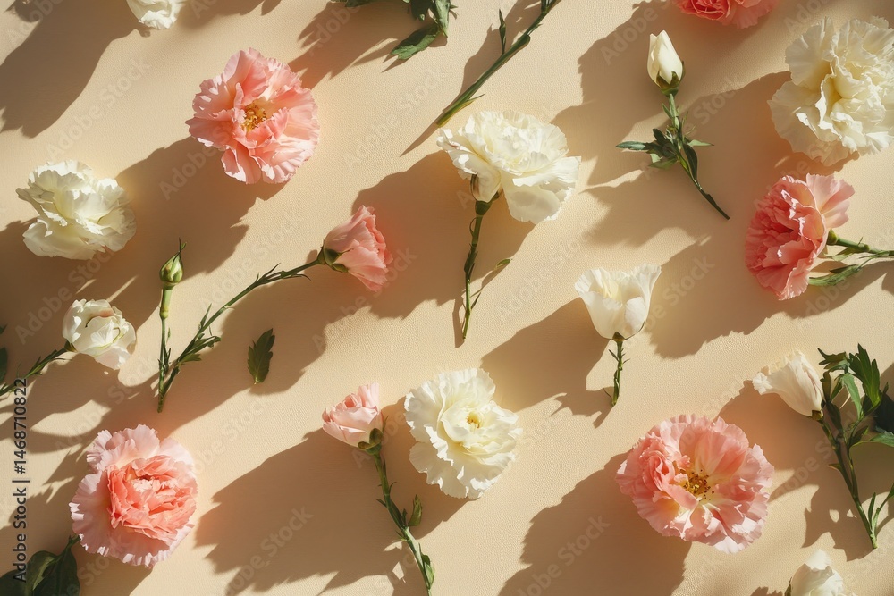Pastel flowers arranged on beige backdrop, cast gentle shadows
