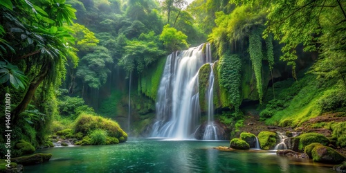 Dense green foliage surrounds a serene waterfall cascading down a rocky cliff in the heart of a lush forest, forest, flora