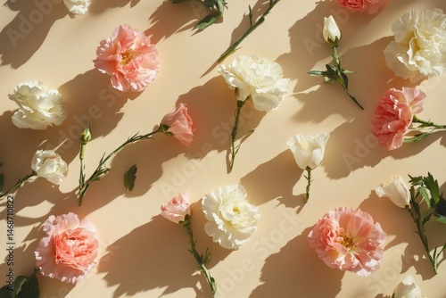 Obraz na płótnie Pastel flowers arranged on beige backdrop, cast gentle shadows w salonie