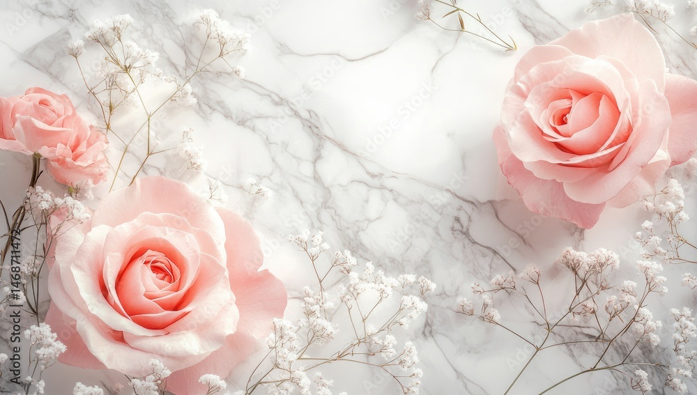 Delicate pink roses and baby's breath arranged on marble