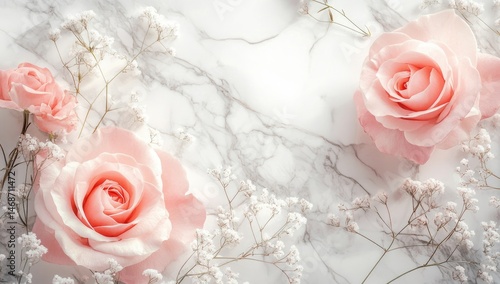 Obraz na płótnie Delicate pink roses and baby's breath arranged on marble w salonie