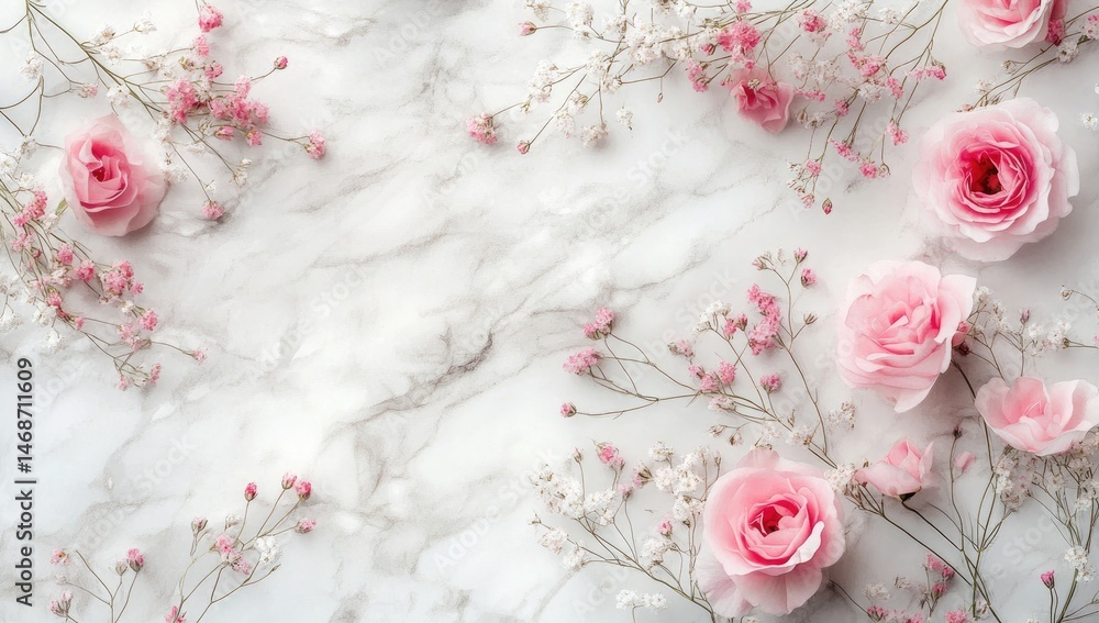 Delicate pink roses and baby's breath blossoms arranged on a marble background