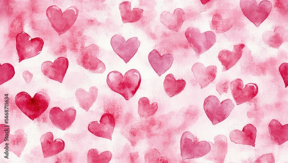 Watercolor hearts scattered on a pink background