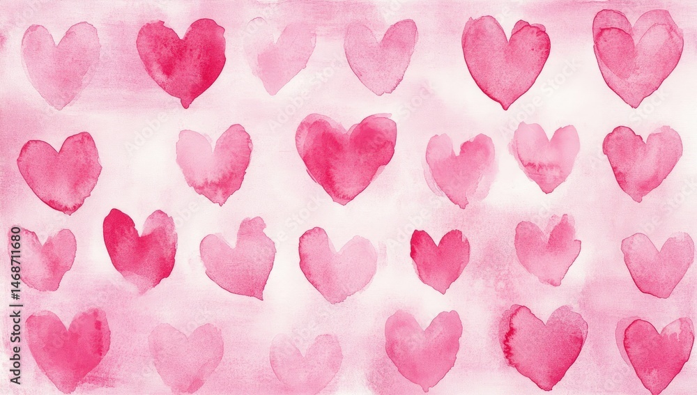 Watercolor hearts in varying shades of pink on a light pink background