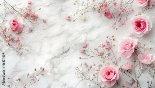 Obraz na płótnie Delicate pink roses and baby's breath blossoms arranged on a marble background w salonie