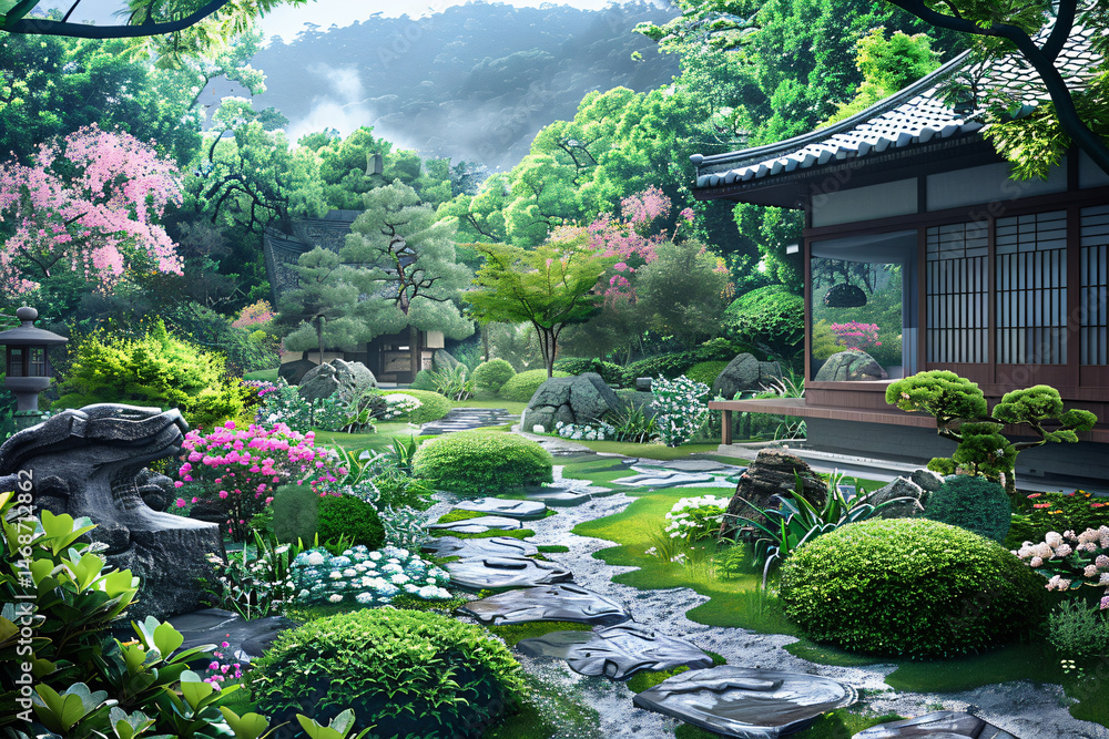 a garden with a stone path and a stone statue