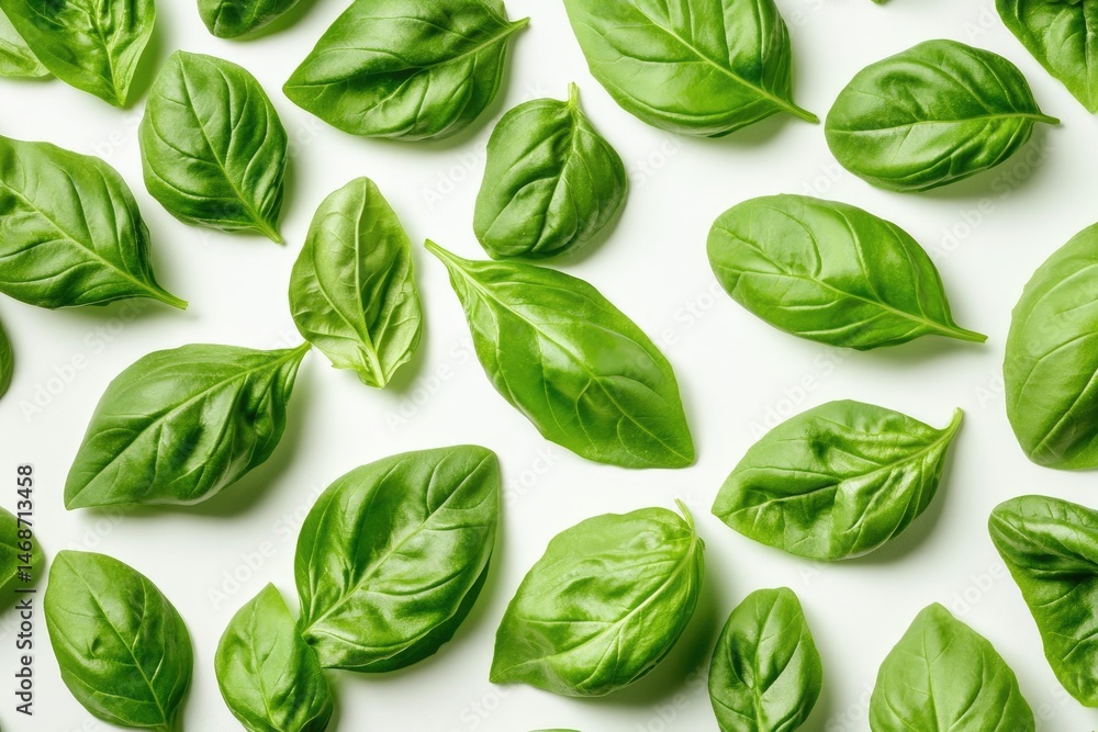 Fresh basil leaves arranged on a white background Fresh basil leaves arranged on a white background