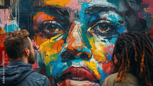Street art portrait of a person, viewed by two people. Vibrant colors, textured surface, large scale