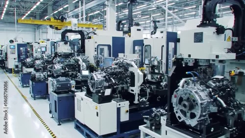 Modern Motorbike Engine Assembly Line: High-Angle View of Automated Machines in a Clean Factory