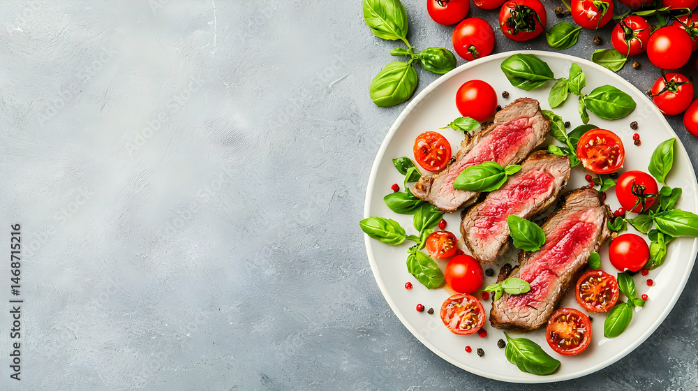Rare steak with basil and tomatoes Rare steak with basil and tomatoes
