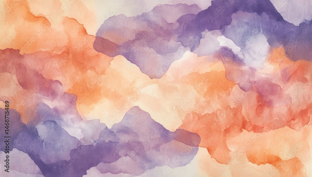 Abstract watercolor painting with orange and purple hues