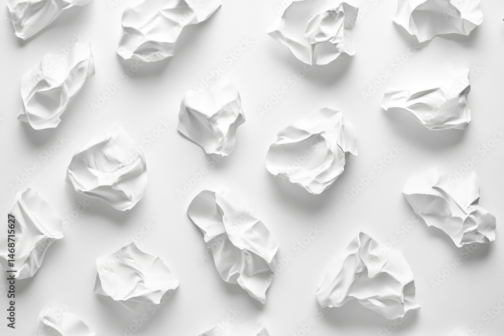 Scattered crumpled white paper pieces on a white background