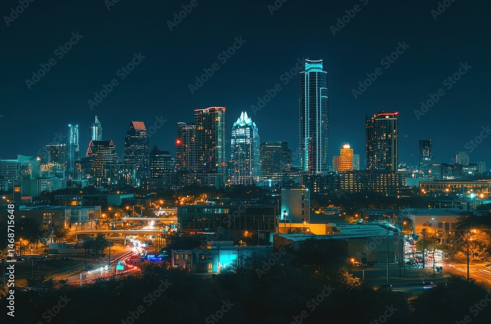 Naklejka premium A panoramic shot of a bustling city skyline at night, with the lights of the buildings creating a vibrant and colorful display