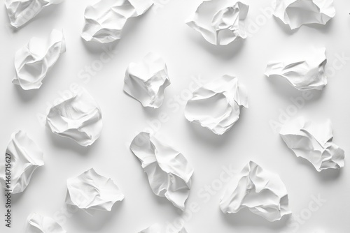 Obraz na płótnie Scattered crumpled white paper pieces on a white background w salonie
