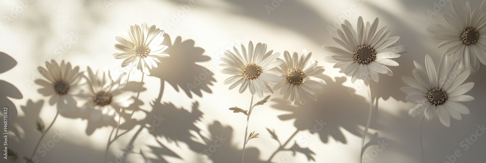 Sunlit daisies cast delicate shadows on a pale background