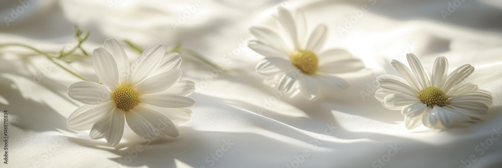Delicate white daisies rest on soft, flowing fabric, bathed in sunlight