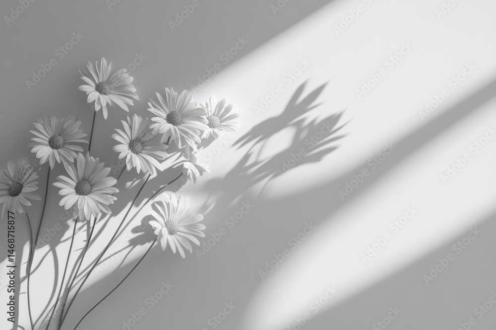 Monochromatic daisies cast dramatic shadows on a light background