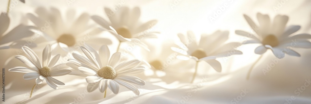 Delicate white daisies softly illuminated on a light background