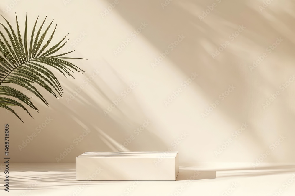Minimalist beige platform with palm leaf & sunlight