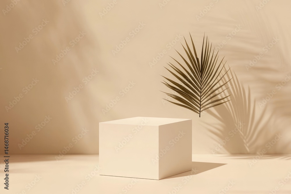 Minimalist cube display with palm frond and shadows