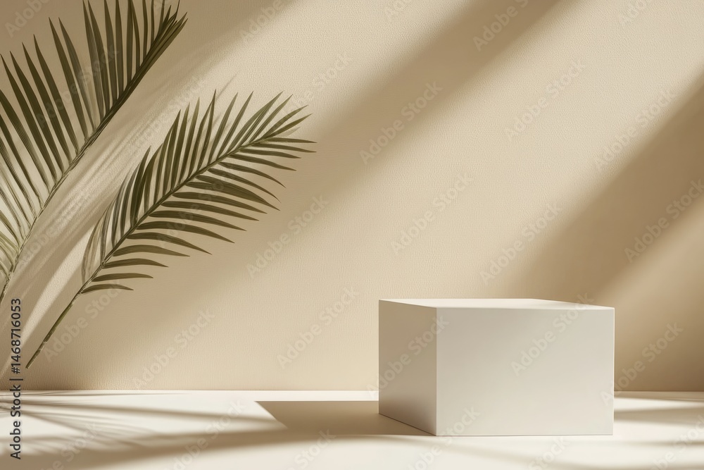 Minimalist product display with sunlight and palm leaf shadows