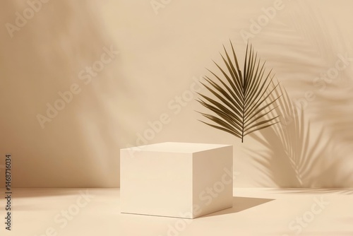 Obraz na płótnie Minimalist cube display with palm frond and shadows w salonie