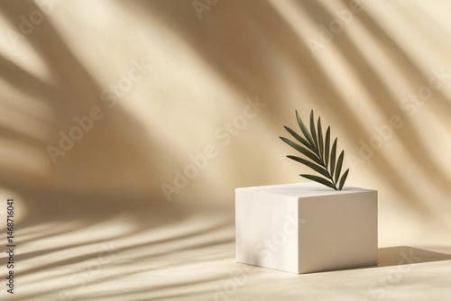 Obraz na płótnie Minimalist scene a single frond on a white cube, bathed in soft, warm light and shadows w salonie