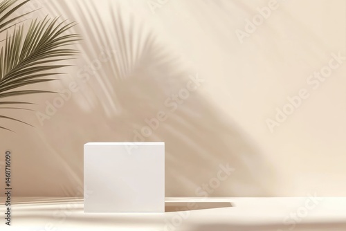 Obraz na płótnie Minimalist beige background with a white cube display and palm leaf shadows w salonie