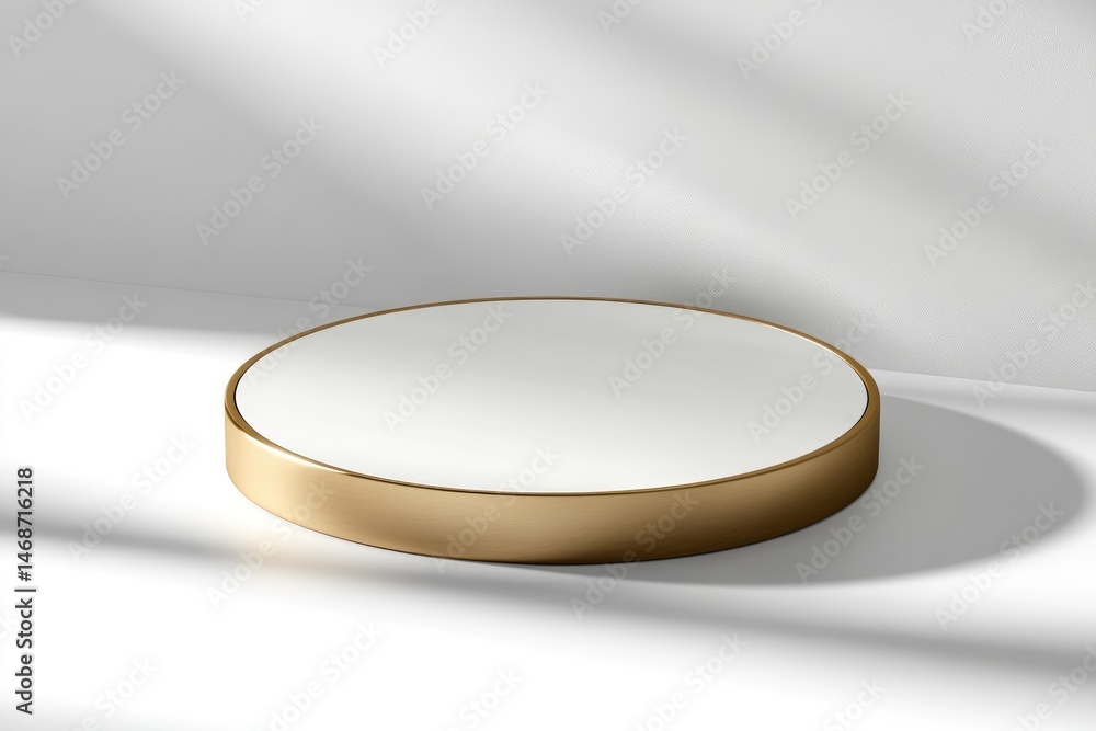 Elegant white circular platform with gold trim, subtly lit