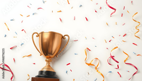 Trophy and confetti on light background, top view with space for text. Victory concept , with white tonespng