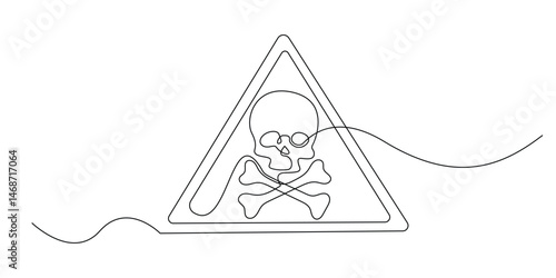 continuous line of skull and crossbones with triangle.one line drawing of horror sign,warning,danger.one line vector illustration